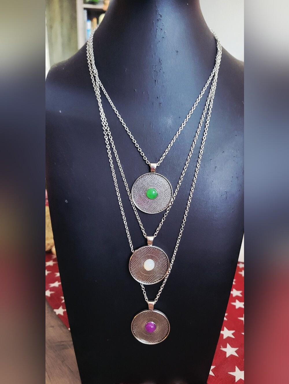 Paparazzi Layered Silver Pendant Necklace with Green, White, and Purple Accents